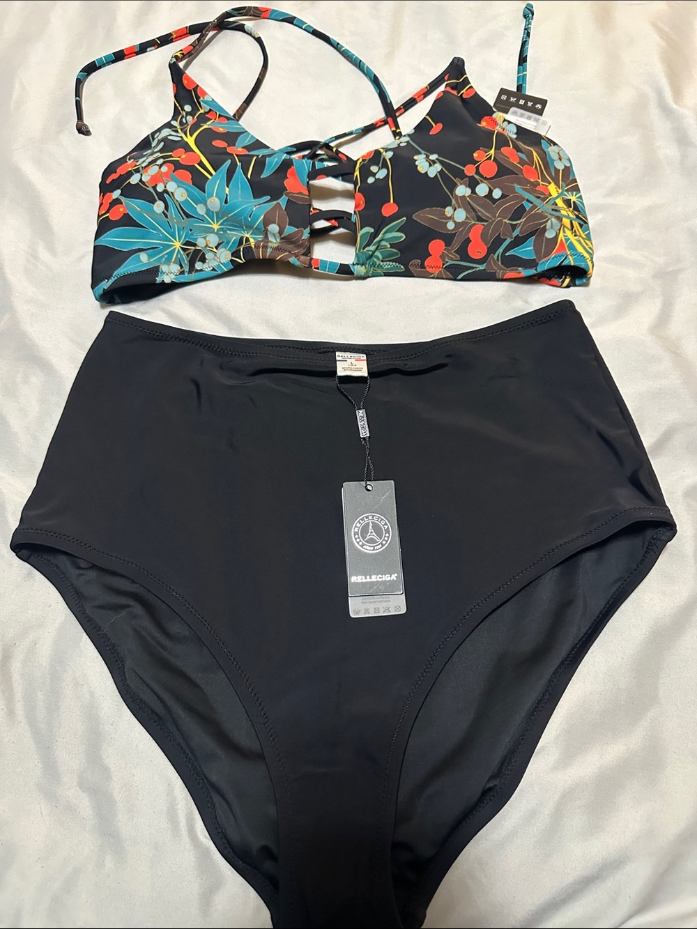 RELLECIGA Floral Multicolor Strappy Bikini Top with Black High-Waist Bottom